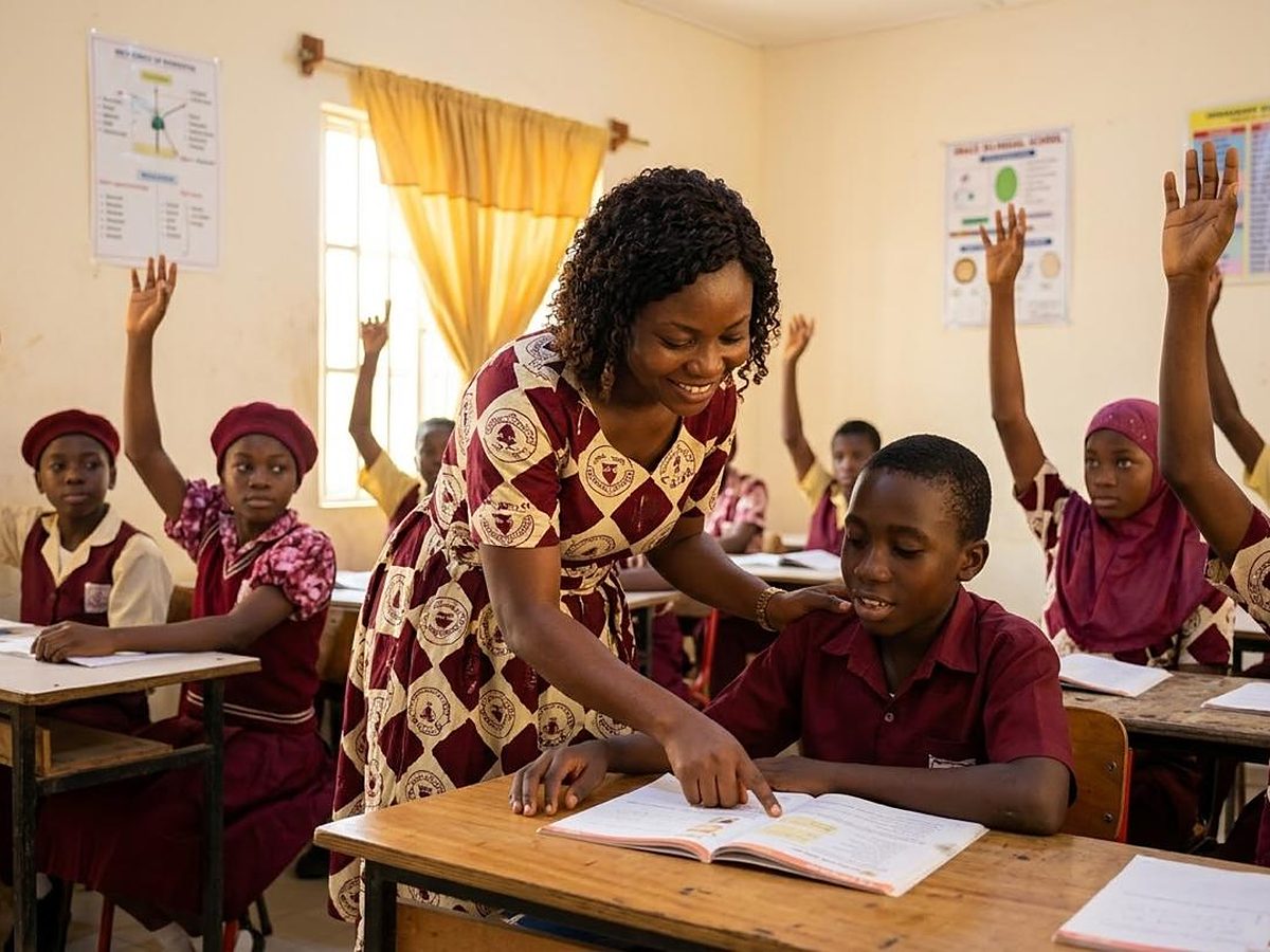 Teacher with pupils in a bright classroom